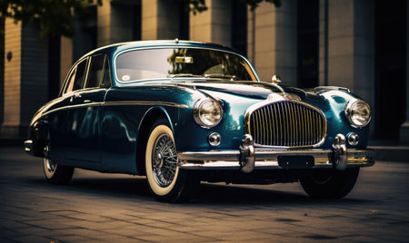 A blue car parked on a brick road under a clear blue sky.の素材