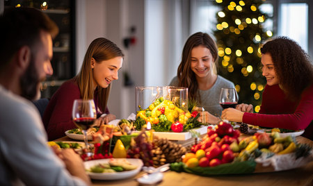 A diverse group of individuals sitting around a table, indulging in a spread of food and wine.の素材