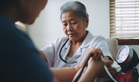 A nurse diligently measures a patients blood pressure to ensure their health and well-being.の素材