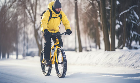 A man riding a bike down a snow covered roadの素材