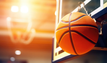 A basketball is hanging on a basketball hoopの素材