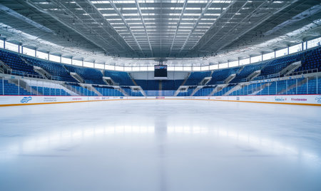 An empty hockey rink with blue seats and lightsの素材