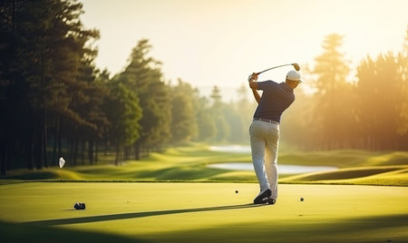 A man swinging a golf club on a golf courseの素材