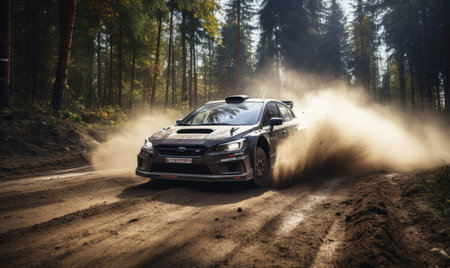 A car driving down a dirt road in the woodsの素材