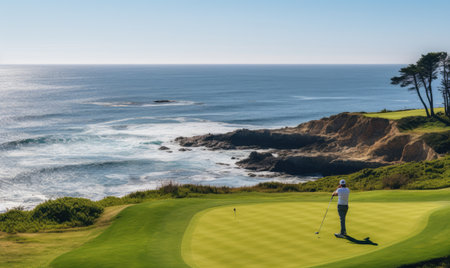 A man on a golf course near the oceanの素材