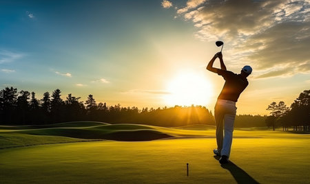 A man swinging a golf club at sunsetの素材