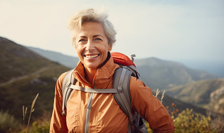 A woman with a backpack on a mountain trailの素材