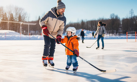 A man teaching a child how to skate on an ice rinkの素材