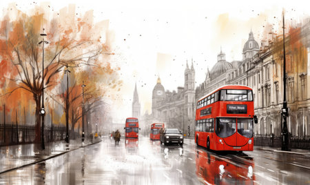 A painting of a red double decker bus on a city streetの素材