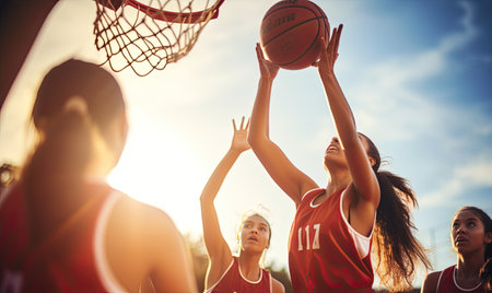 A group of young women playing a game of basketballの素材