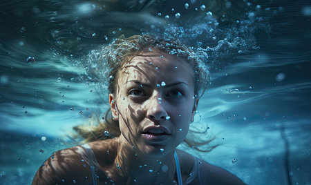 A woman is submerged in the waterの素材