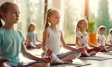 A group of children sitting in a row on yoga matsの素材