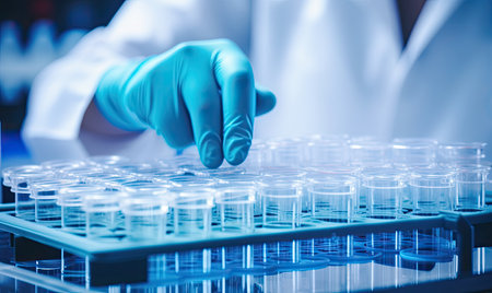 A person in a lab coat and gloves holding a test tubeの素材