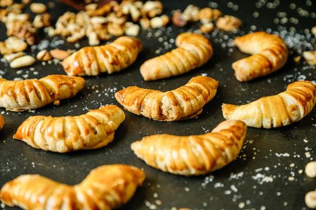 Freshly baked croissants topped with a selection of nuts, neatly arranged on a baking sheet.