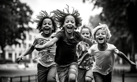 A group of children happily running and playing in a park on a sunny day.の素材
