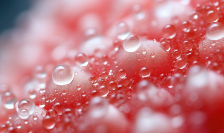 A detailed view of water droplets clinging to the petals of a vibrant red flower.の素材