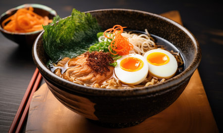 A bowl filled with traditional ramen noodles, topped with two perfectly boiled eggs, served in a rich and flavorful broth.の素材
