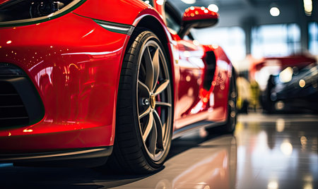A red sports car is parked inside a showroom.の素材