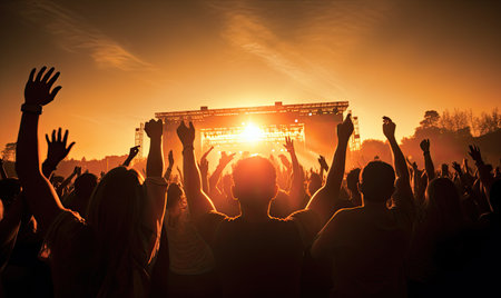 A lively crowd of concertgoers enthusiastically raises their hands in the air, showing their excitement and engagement with the performance.の素材
