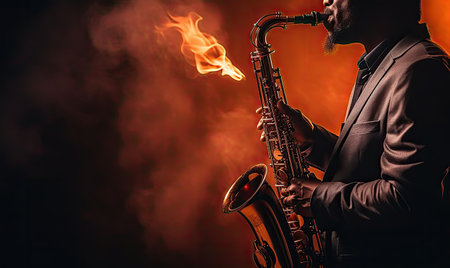 A man passionately plays a saxophone, creating melodious tunes amidst the dark ambiance.の素材
