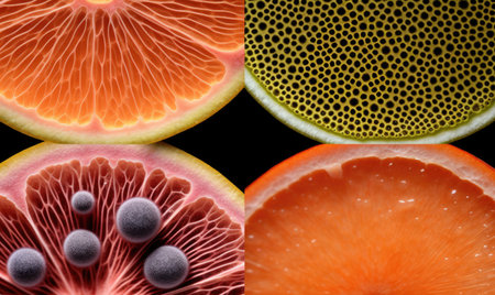 A group of various fruits cut in half, showcased on a plain black background.の素材