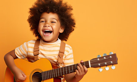 A young boy with an afro confidently holds a guitar in his hands.の素材
