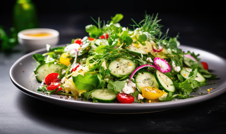 A plate filled with a refreshing salad consisting of crisp cucumbers and juicy tomatoes.の素材