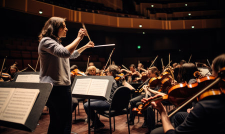 A woman confidently plays the violin in front of a symphony orchestra, commanding attention.の素材