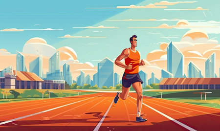 A man running on a race track in a cityの素材