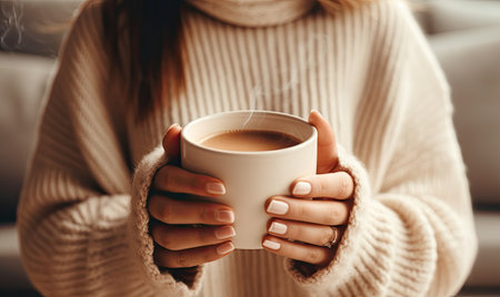 A woman holding a cup of coffee in her hands, enjoying a hot beverage.の素材