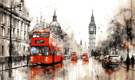 A painting of a red double decker bus on a city streetの素材