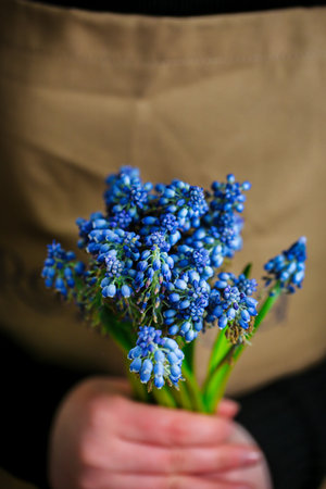 A person holds a bunch of vibrant blue flowers, providing plenty of space for additional content.