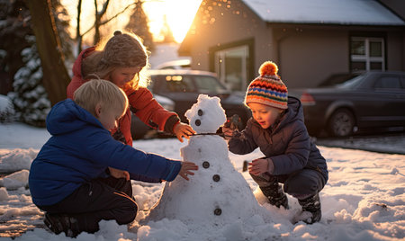 Three children in winter clothing work together to build a snowman in a snowy landscape.の素材