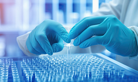 A person wearing a lab coat and gloves is securely grasping a test tube, conducting an experiment in a laboratory setting.の素材