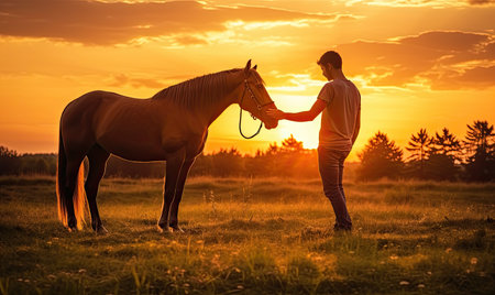 A man standing next to a brown horse on a lush green fieldの素材