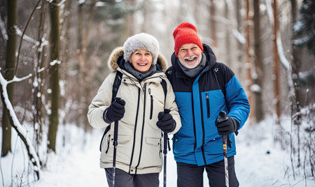 A man and a woman on skis in the snowの素材