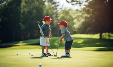 Two young boys playing a game of golfの素材