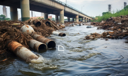 A multitude of pipes arranged closely together and submerged in water.の素材