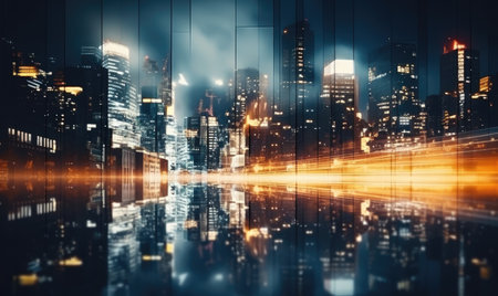 A cityscape with lights reflecting in the waterの素材