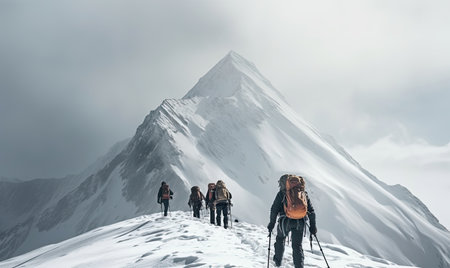 A group of people hiking up a snow covered mountainの素材