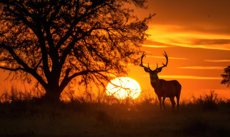 A deer gracefully stands in a vast field as the sun sets in the background.の素材