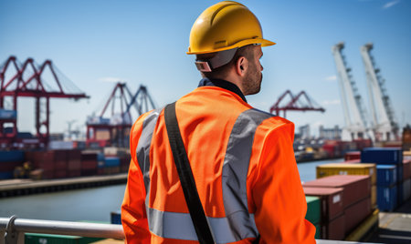 A man wearing an orange safety jacket and a hard hatの素材