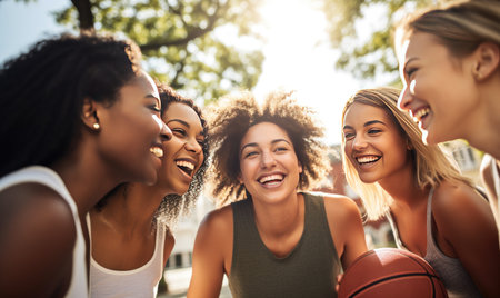 A group of young women laughing and playing basketballの素材