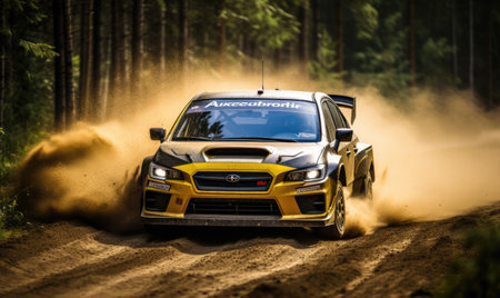 A subarunt driving on a dirt road in the woodsの素材
