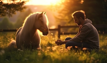 A man sitting in a field next to a horseの素材