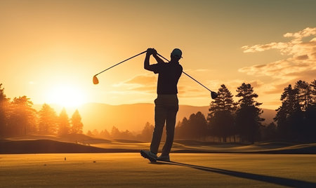 A man swinging a golf club at sunsetの素材