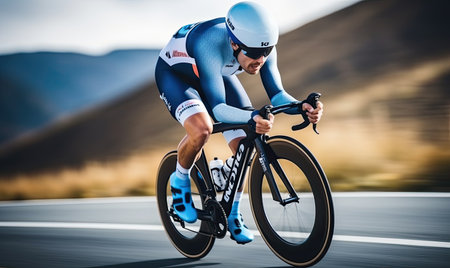 A man riding a bike down a curvy roadの素材