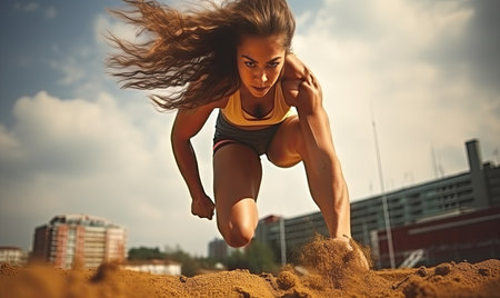 A young woman is running through the sandの素材