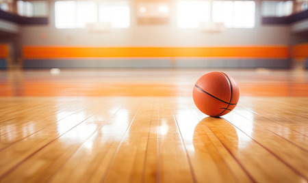 A basketball sitting on top of a hard wood floorの素材