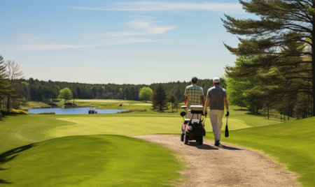 A man walking down a dirt road with a golf cart.の素材